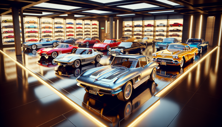 Afficher : "Collage de voitures en C : Citroën, Chevrolet Corvette, Cadillac dans un showroom lumineux. Qualité HD."