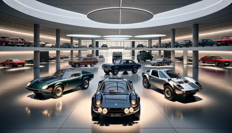 Voiture en D dans showroom chic: Delahaye bleue, Dacia vert mat, De Tomaso rouge, DeLorean argent, Daewoo et Daihatsu en fond.