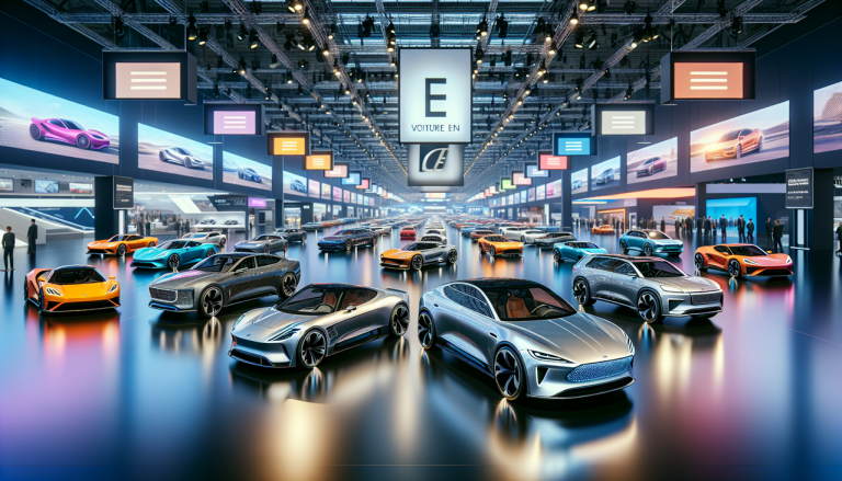 Voiture en E, divers modèles (berline électrique argentée, voiture de sport élégante, citadine efficace, SUV imposant) exposés dans une salle lumineuse.