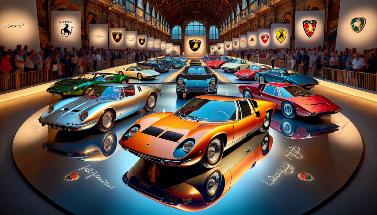 Voiture en L : Lamborghini Miura, Lotus Esprit, Lancia Delta Integrale alignées lors d'un show vintage.