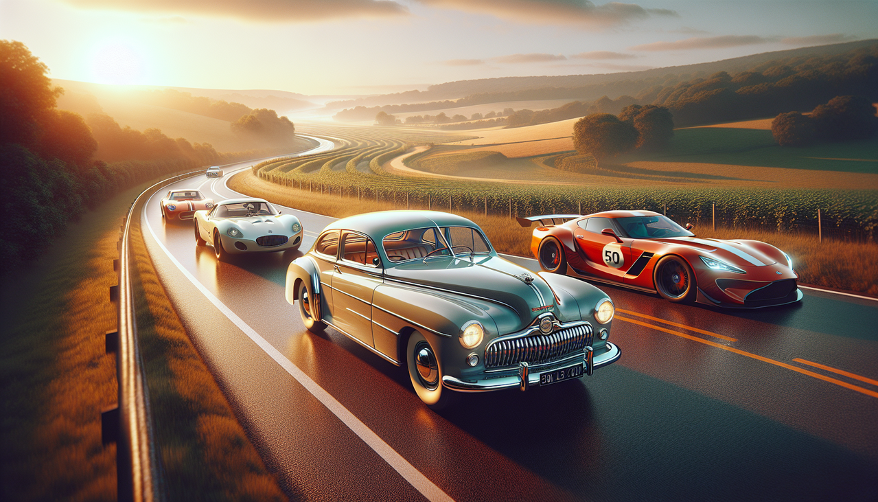 Voiture en O : Opel classique, OscA sportive et ORCA de course alignées sur route sinueuse.