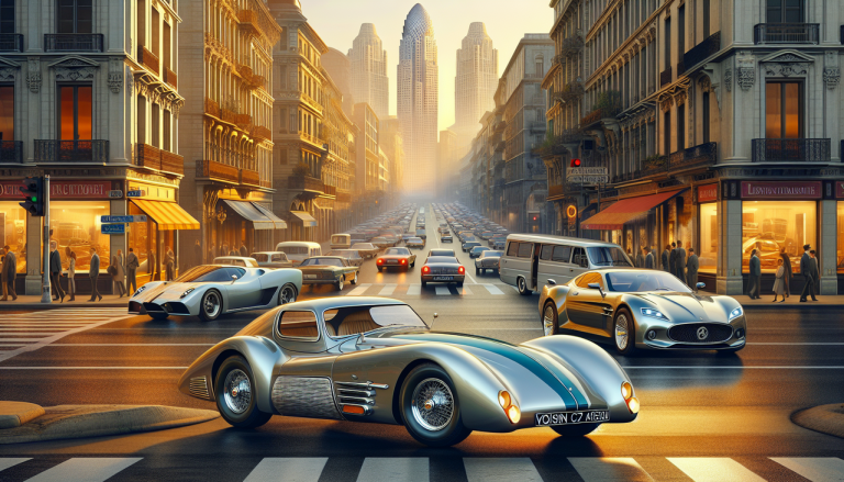 Voiture en V dans une scène urbaine luxueuse au coucher du soleil.