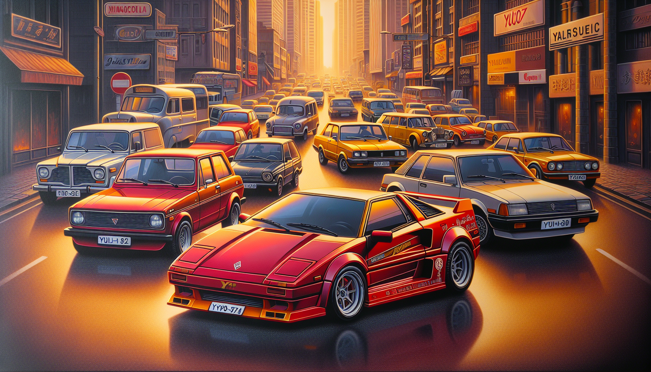 Voiture de luxe Yamaha rouge et Yugo jaune sur une rue entourée de voitures Y variées.