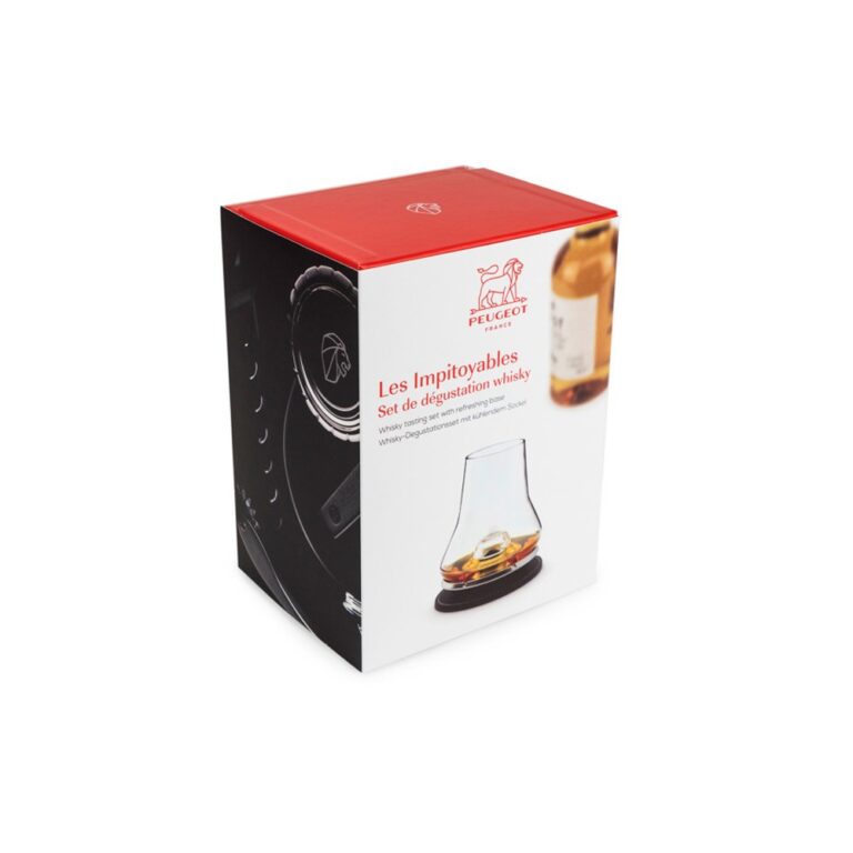 Coffret de dégustation Les Impitoyables de Peugeot avec verre à whisky et socle réfrigérant