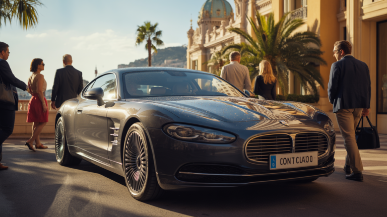 Photographie réaliste d'une voiture de luxe devant le casino de Monte-Carlo, sous une lumière dorée, avec des détails authentiques et une ambiance élégante et naturelle.