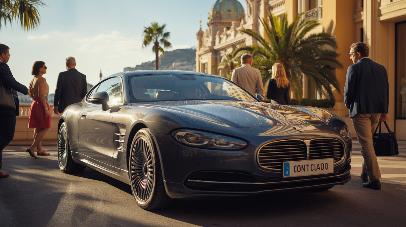 Photographie réaliste d'une voiture de luxe devant le casino de Monte-Carlo, sous une lumière dorée, avec des détails authentiques et une ambiance élégante et naturelle.