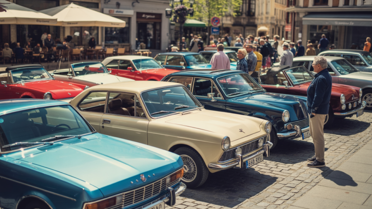 Rassemblement réaliste de voitures anciennes dans une place européenne ensoleillée, avec des passionnés admirant plusieurs modèles des années 1960 à 1980.
