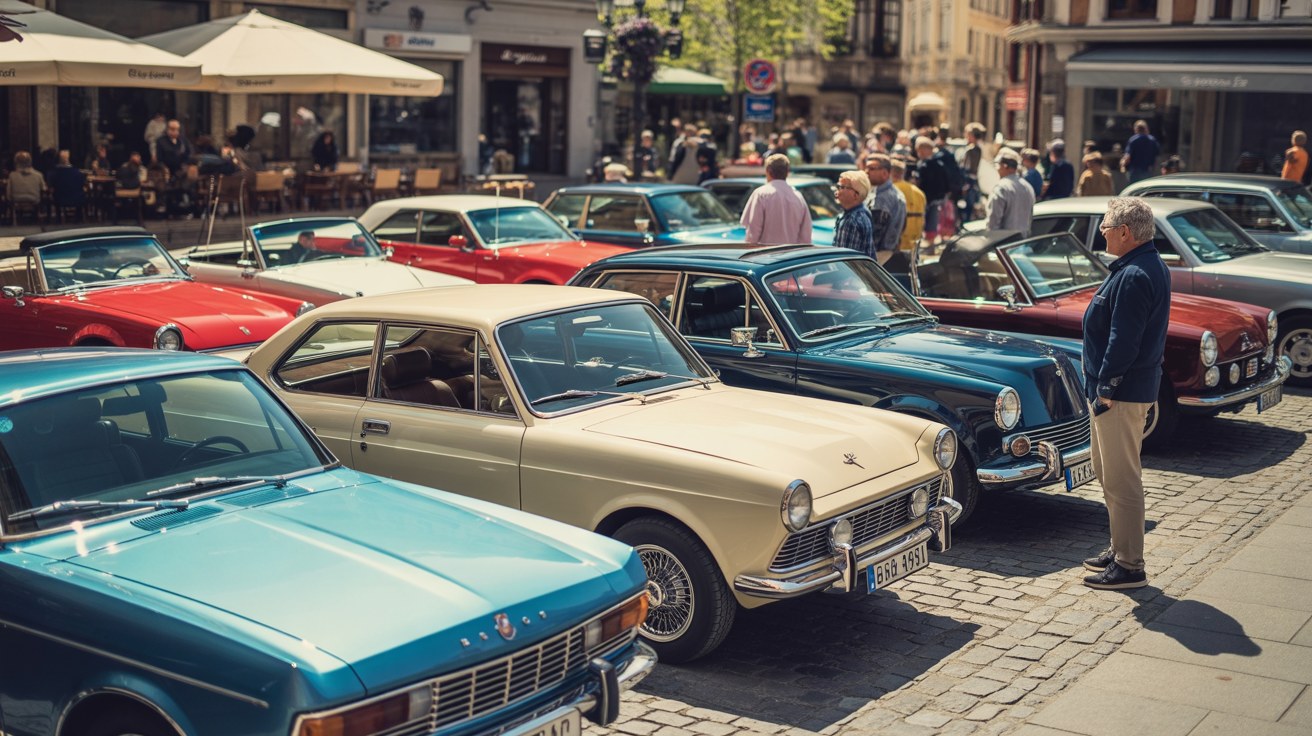 Rassemblement réaliste de voitures anciennes dans une place européenne ensoleillée, avec des passionnés admirant plusieurs modèles des années 1960 à 1980.